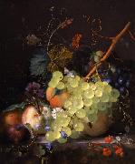Still-life of grapes and a peach on a table-top Jan van Huysum